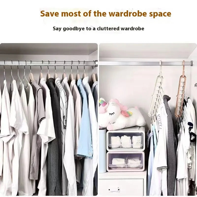 Modern plastic nine-hole folding hanger for trousers in green, blue, pink, beige, or grey.