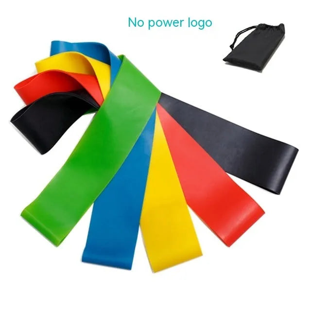 Set of five colour-coded yoga resistance straps with force marks and five plain TPE straps.