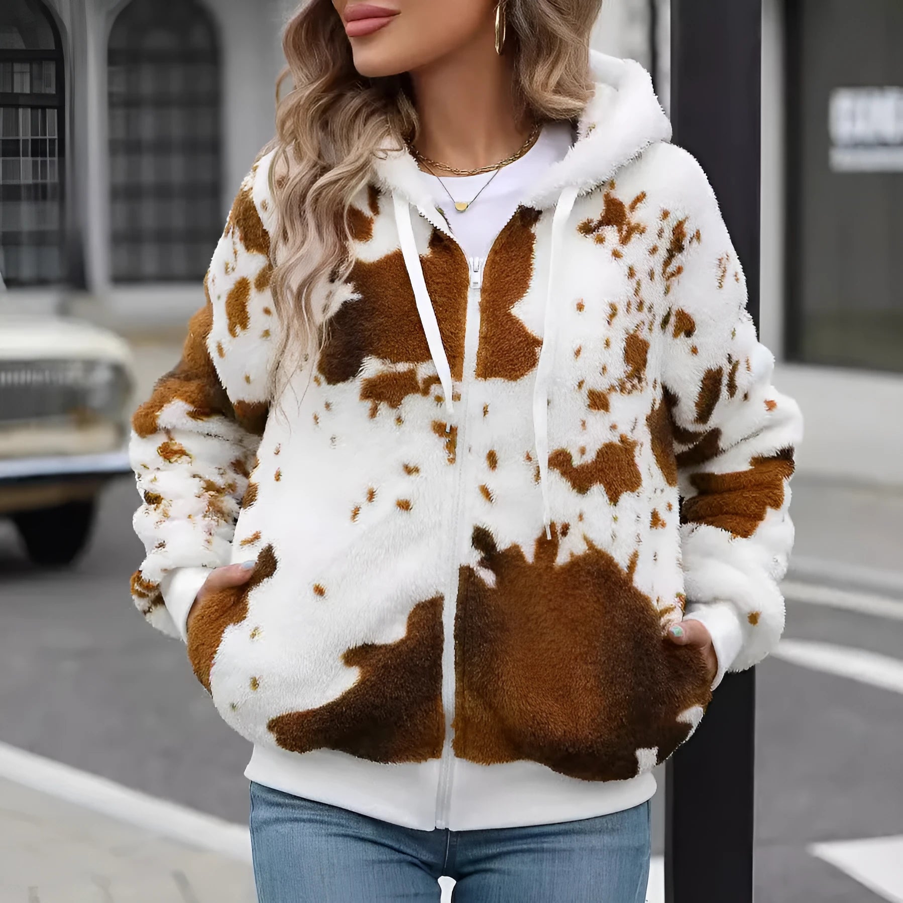 Yellow brown cow print hooded cardigan jacket with full front zipper.