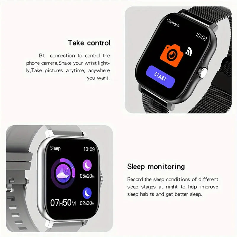 Smart watch with 1.44-inch touchscreen displaying health metrics and call interface on silicone wrist strap