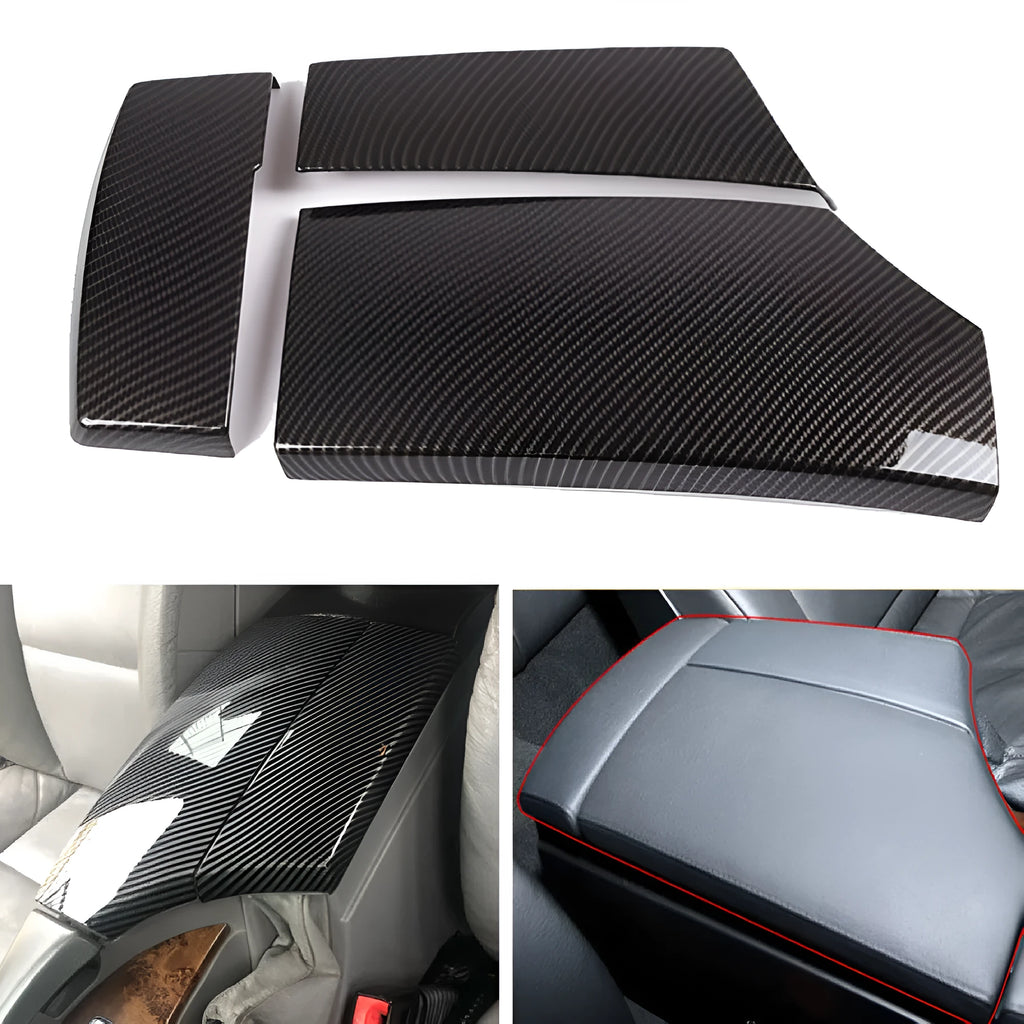Set of three glossy black carbon fibre pattern ABS protective covers for a car armrest box.