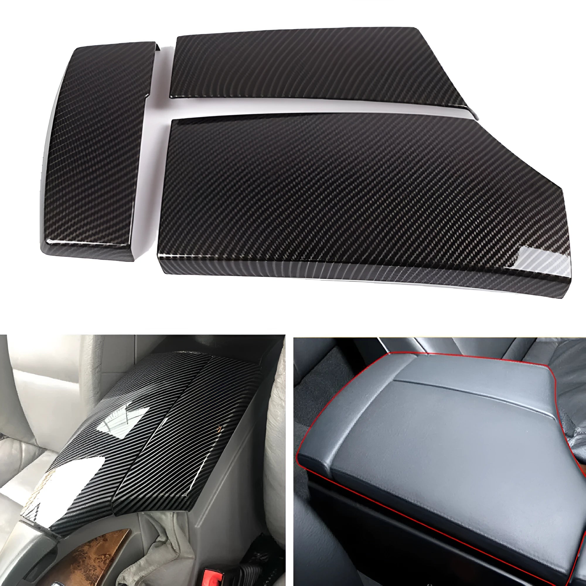 Set of three glossy black carbon fibre pattern ABS protective covers for a car armrest box.