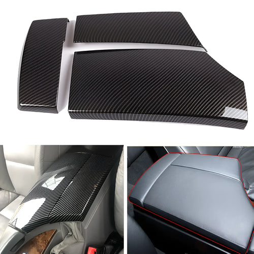 Set of three glossy black carbon fibre pattern ABS protective covers for a car armrest box.