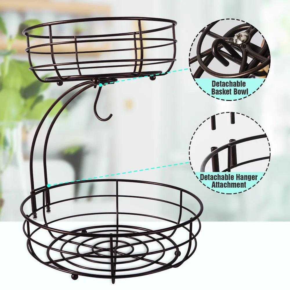 Black double-layer wrought iron fruit basket with two storage tiers for organising fruits and vegetables.