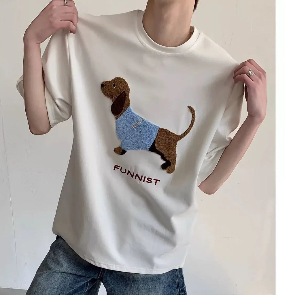 Men's gray T-shirt with embroidered sausage dog design on front