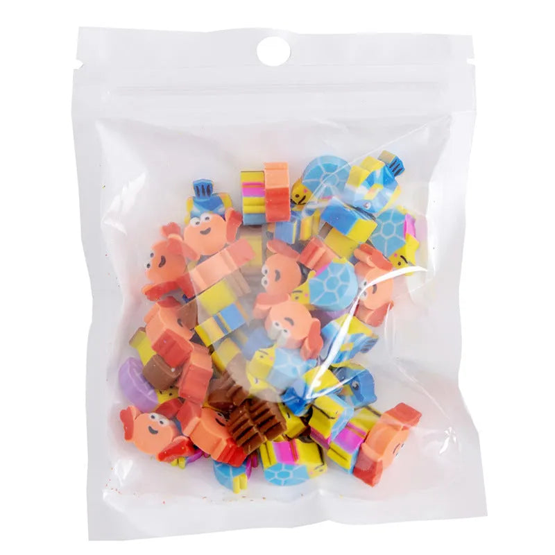 50 colourful cartoon mini erasers in fruit animal cake and seasonal designs measuring 1-1.5cm