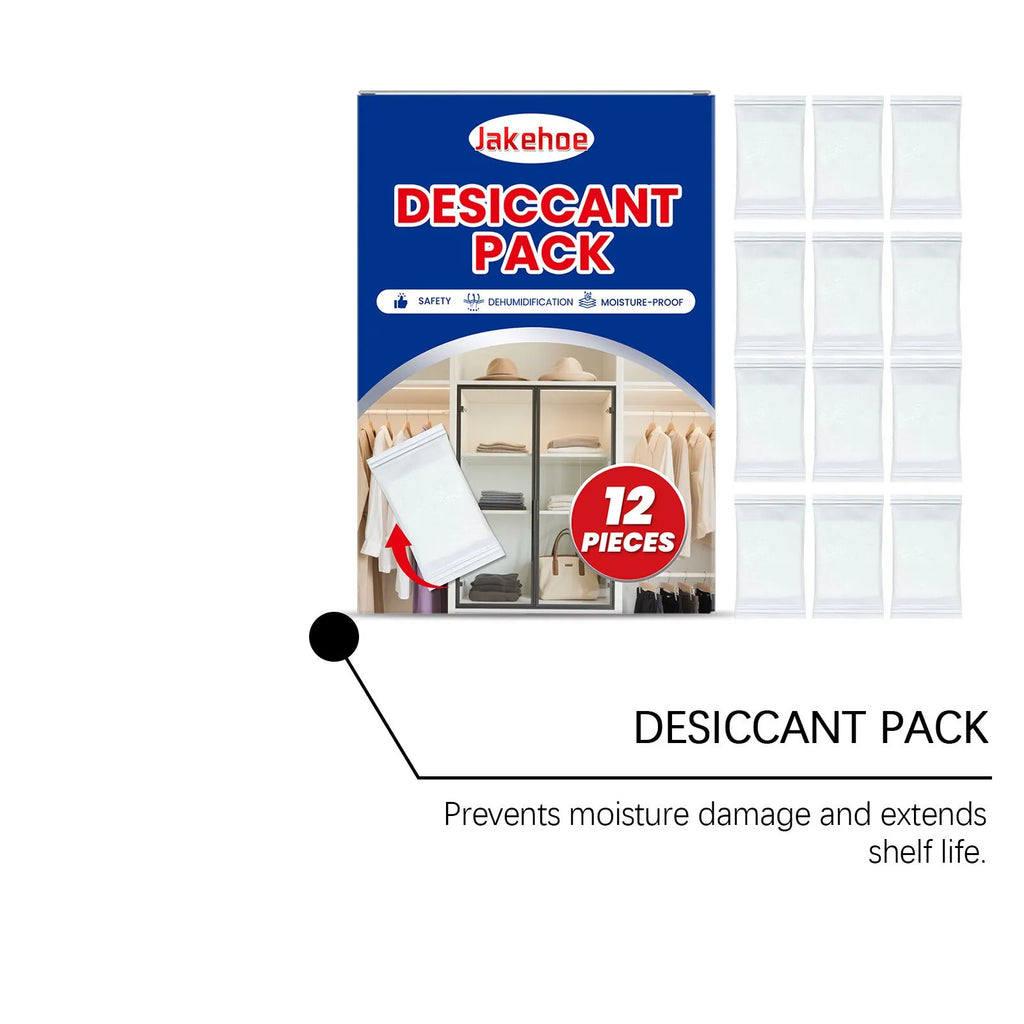 Pack of twelve white calcium chloride desiccant units for household moisture and odour control.