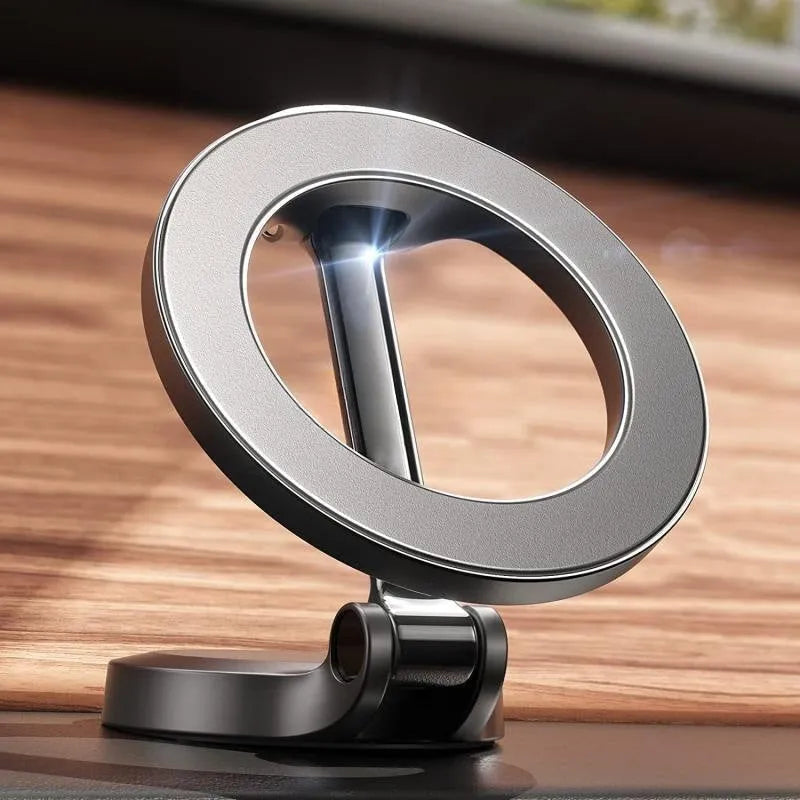 All-metal magnetic car phone mount with foldable design on dashboard