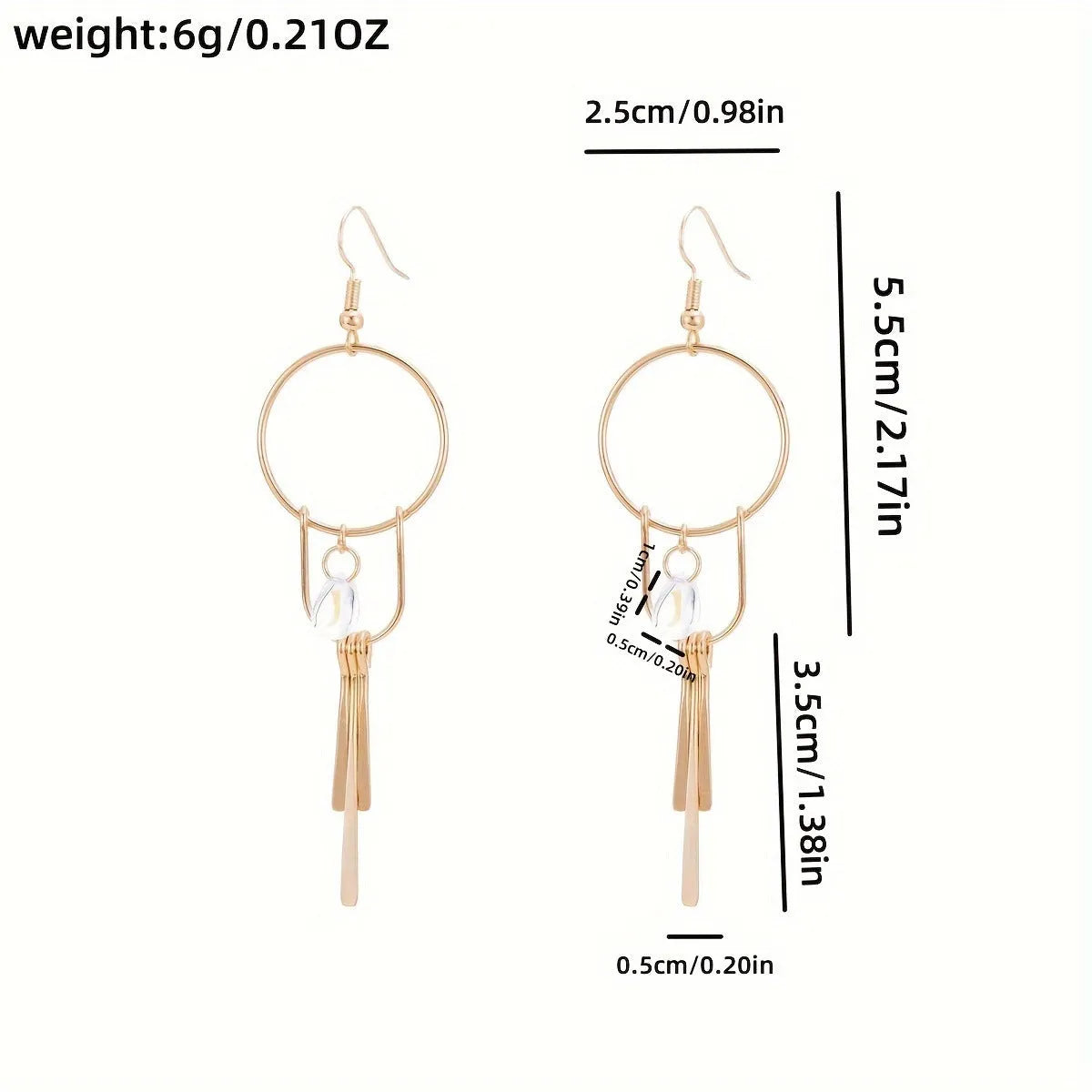 Gold alloy drop earrings with round ring, water drop gem pendant and tassel in Bohemian ethnic style
