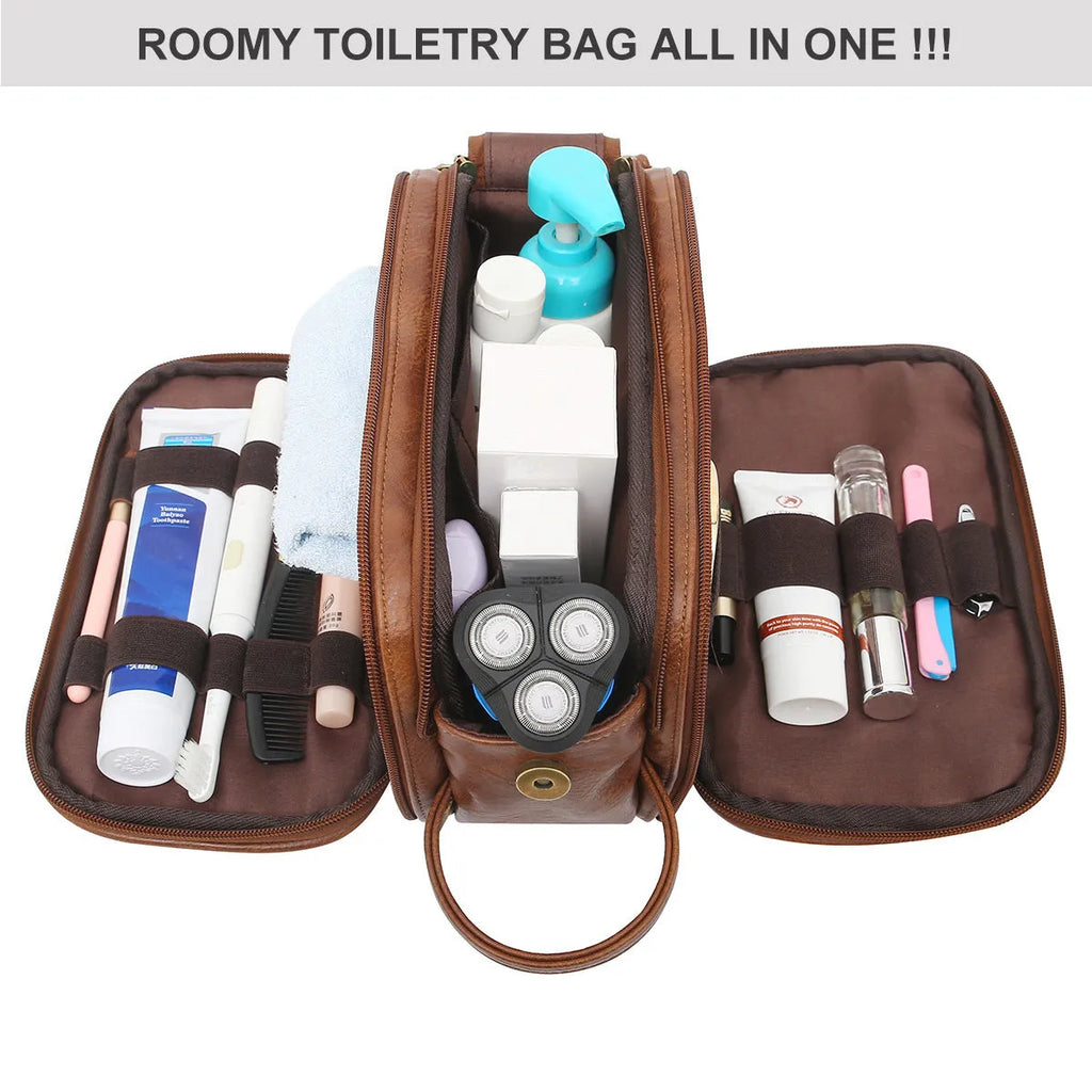 Men's black and brown PU leather toiletry bag for travel storage of cosmetics.