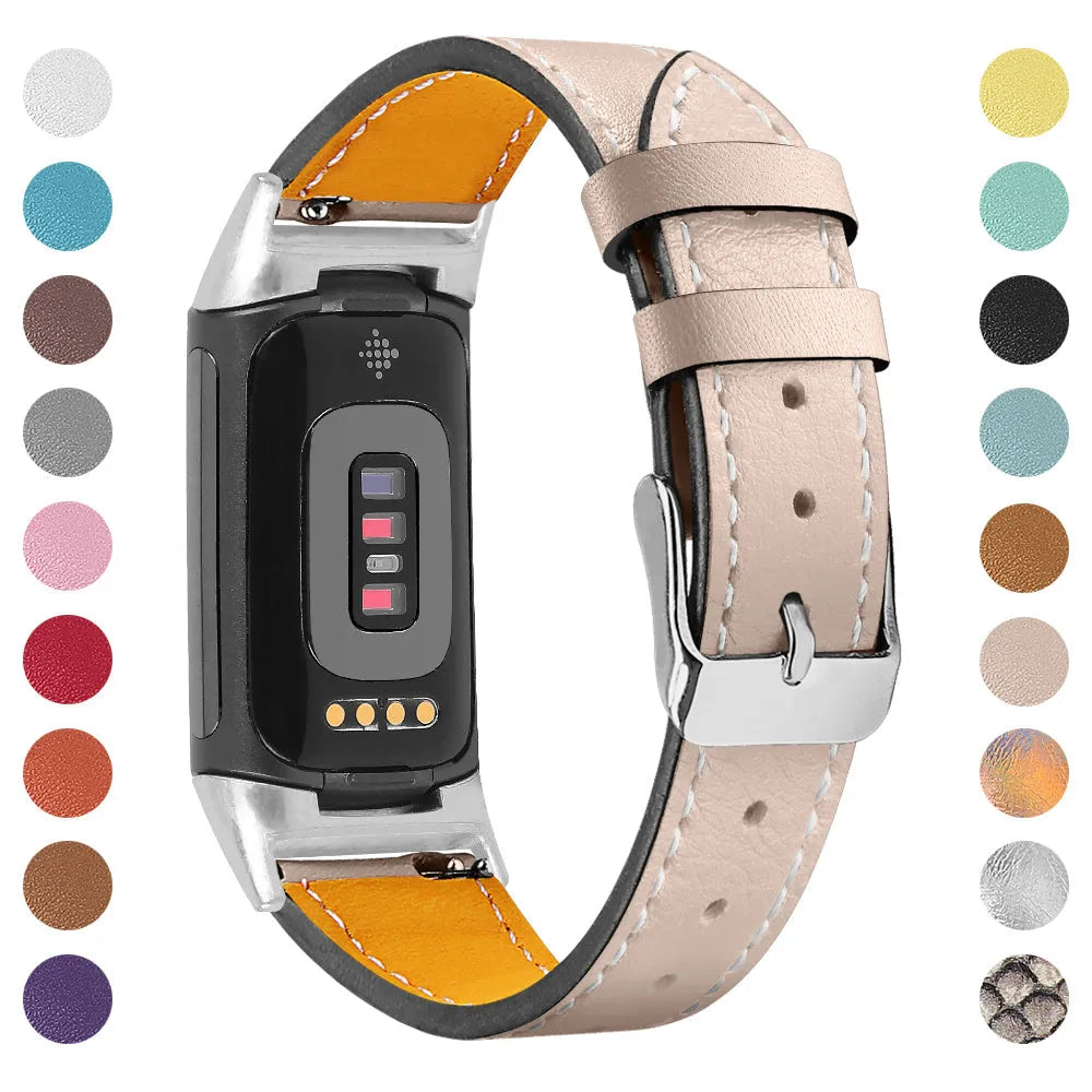 Genuine leather strap for Fitbit Charge 5 and Charge 6 smartwatch in apricot colour.