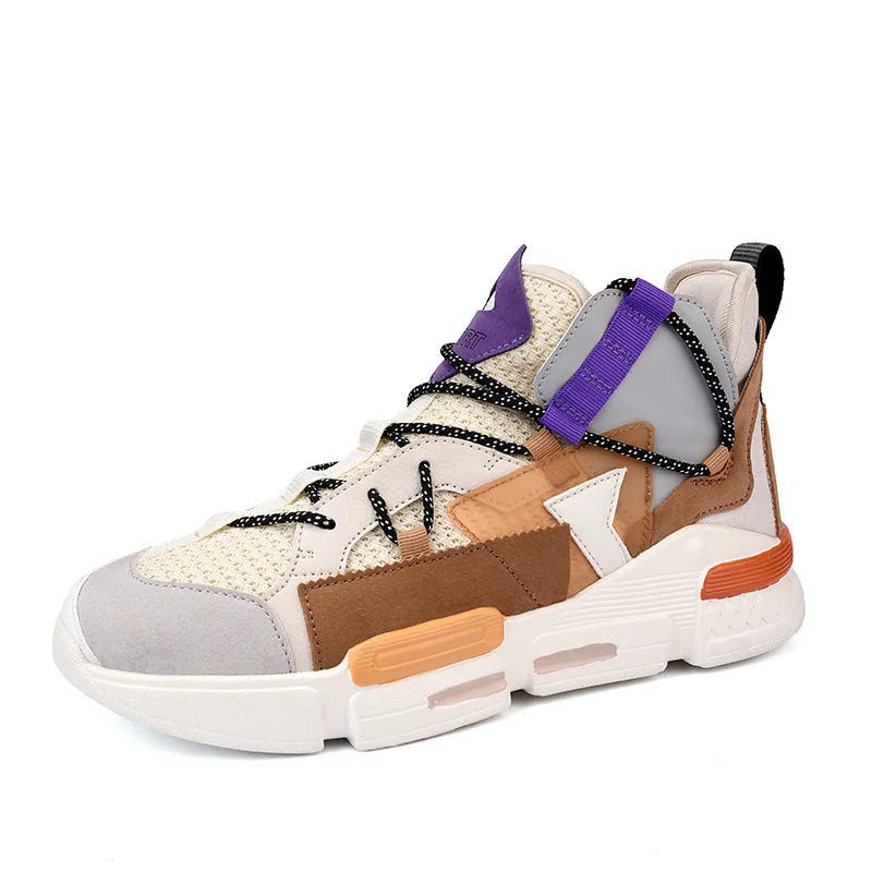 Men's high-top board shoe with flyknit mesh upper, front lace-up and flat heel, shown in Moonlight, brown or beige purple