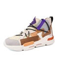 Men's high-top board shoe with flyknit mesh upper, front lace-up and flat heel, shown in Moonlight, brown or beige purple
