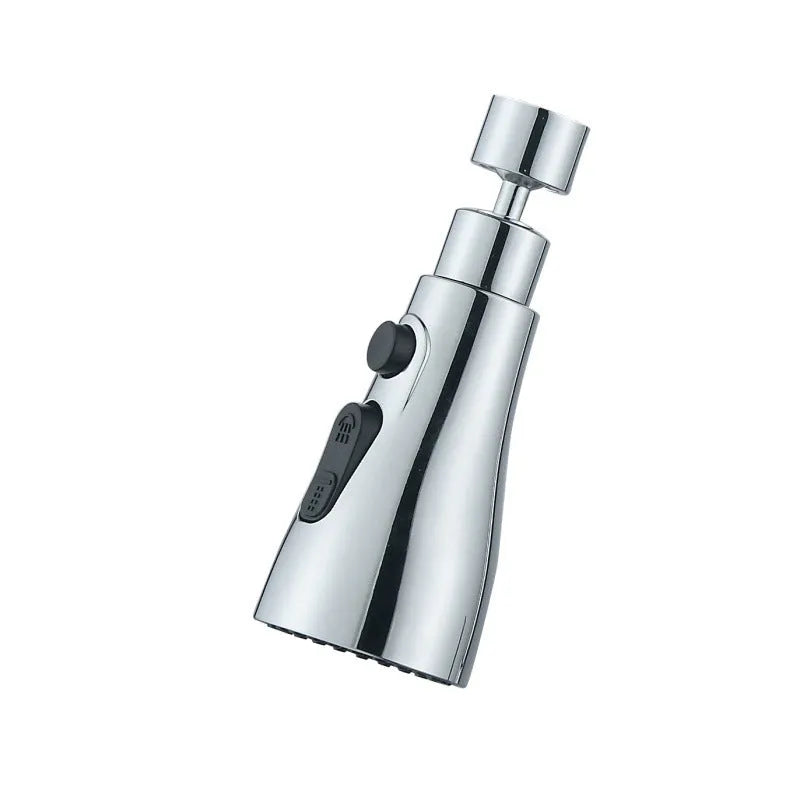 Universal pressurised kitchen faucet sprayer with rotating nozzle in silver finish showing three spray modes