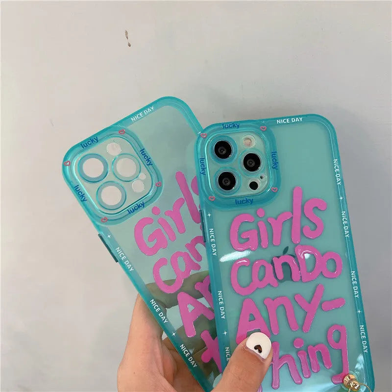 Personalised mint green graffiti phone case with animal design and detachable lanyard for Apple iPhone.