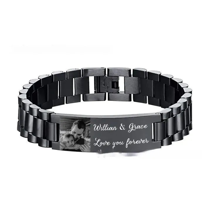 Titanium steel men's bracelet with curved heart design and engraved lettering options