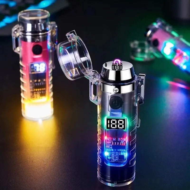Transparent USB rechargeable electric lighter with dual arc, LED light, and nylon lanyard in black colour