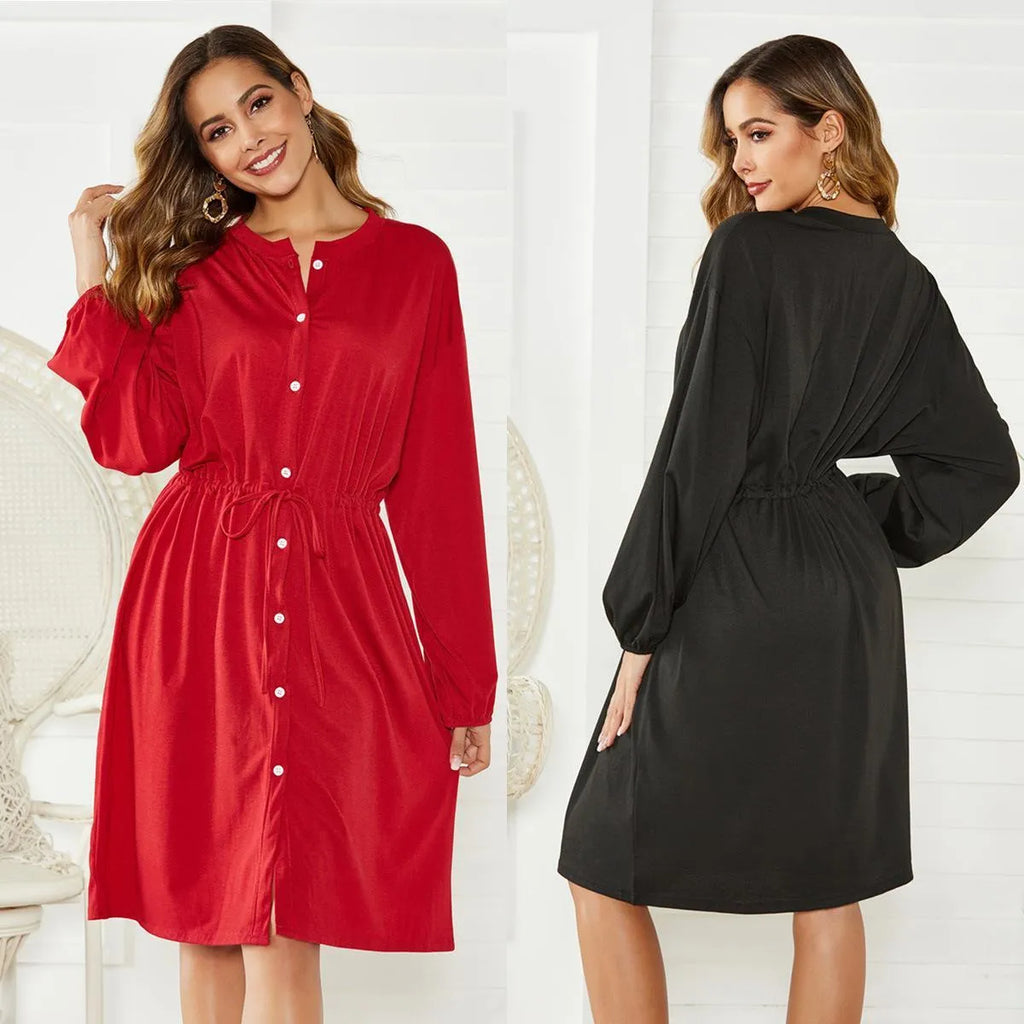 Loose elastic belt cinched short dress in solid black or red with long sleeves and A-line skirt