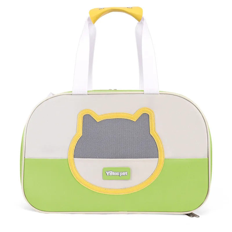 Outdoor foldable cat backpack carrier in blue colour with breathable panels.