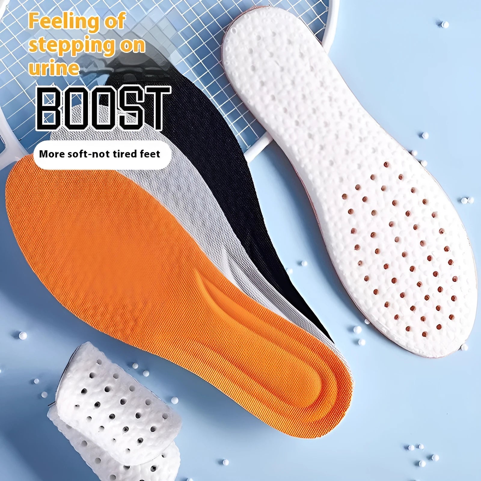 Breathable PU sports insoles in grey, black, or orange colours with cut-to-fit design for sizes 35-46