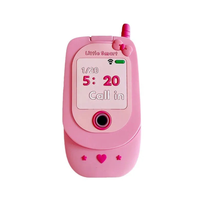 Light pink silicone flip phone case with a built-in mirror, open and showing iPhone model compatibility.