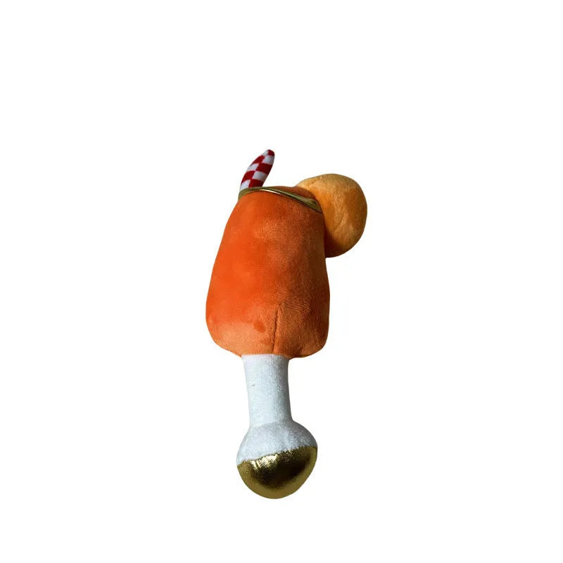 Yellow beer bottle cup shaped plush dog toy with squeaker for interactive chewing and teeth cleaning