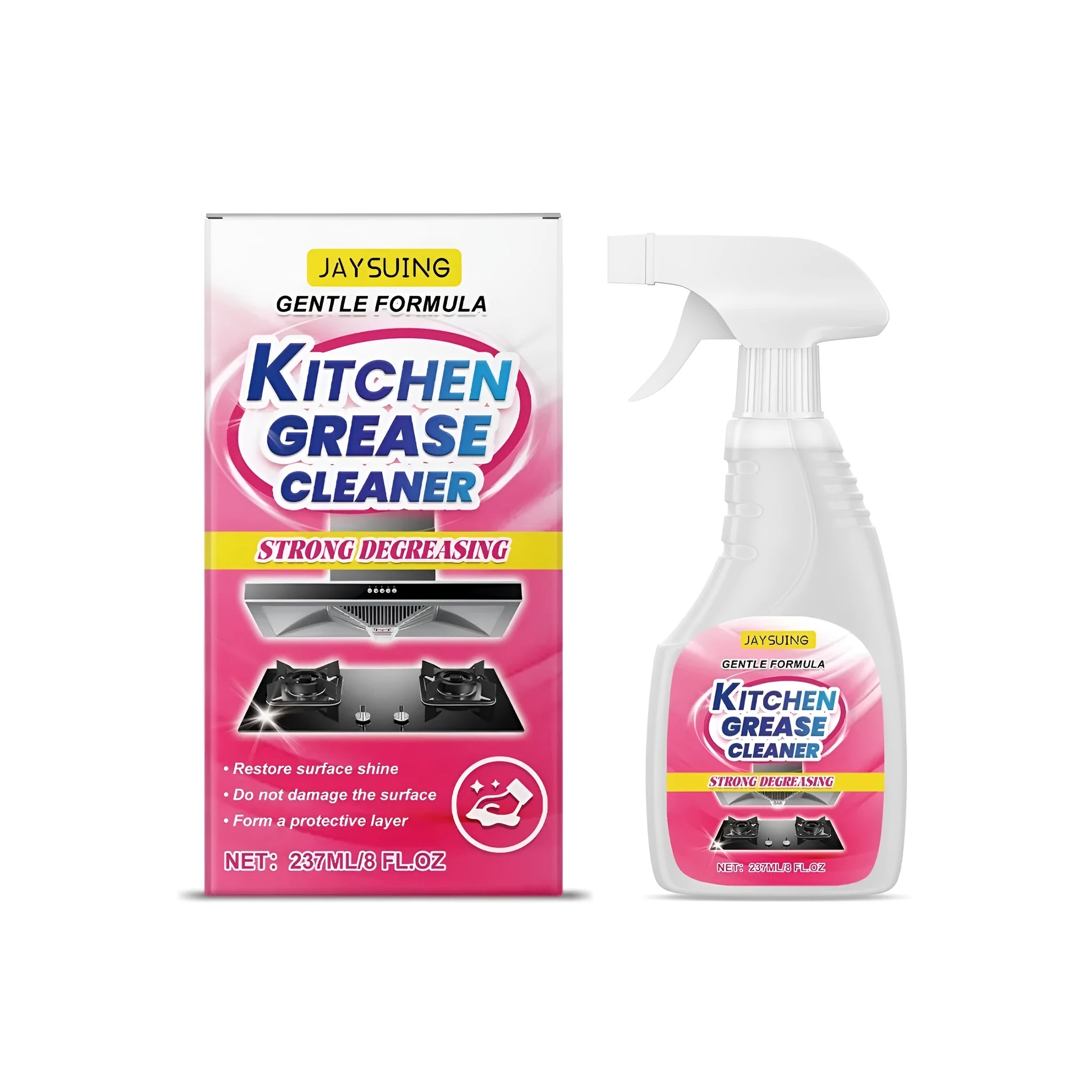 237ml bottle of kitchen grease cleaner spray for removing oil and grime.