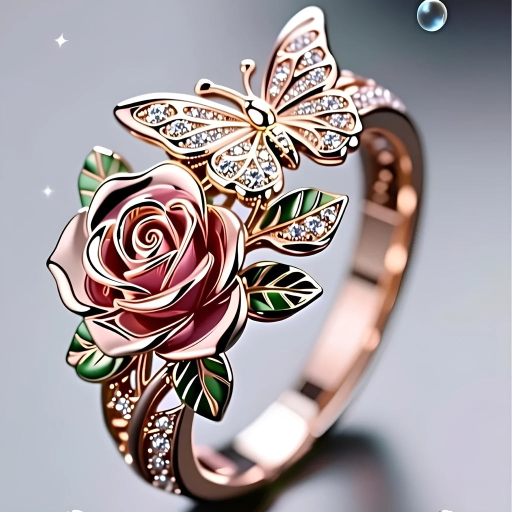 Adjustable fairy style ring with colourful oil-drip finish showing butterfly and rose motifs
