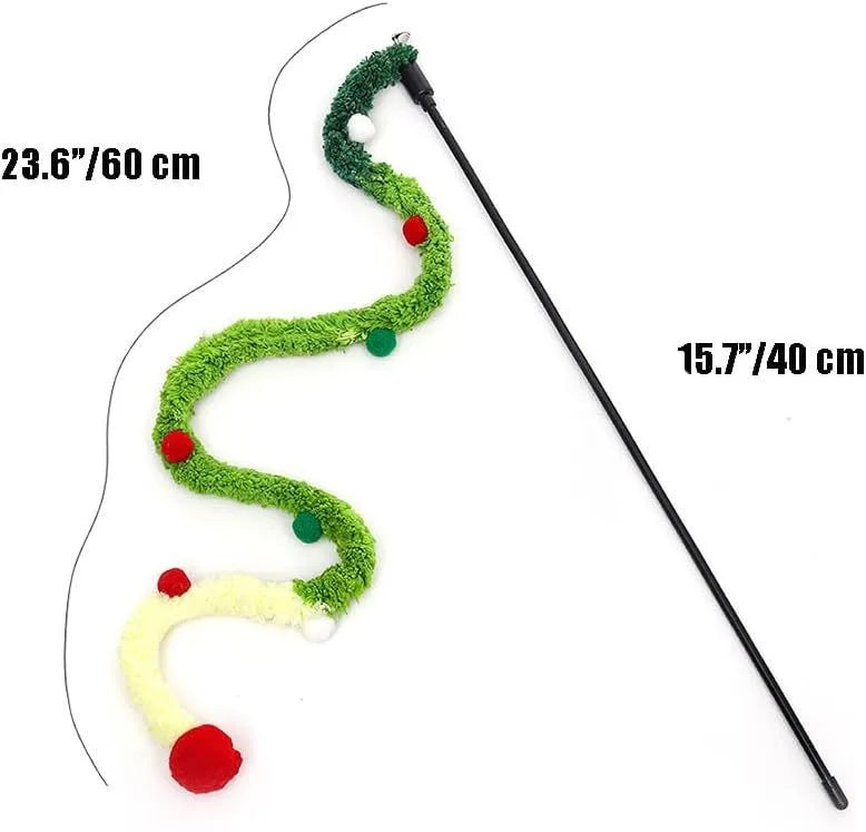 Cat wand toy with colourful plush strip, fluffy ball, and bells on a 41cm pole
