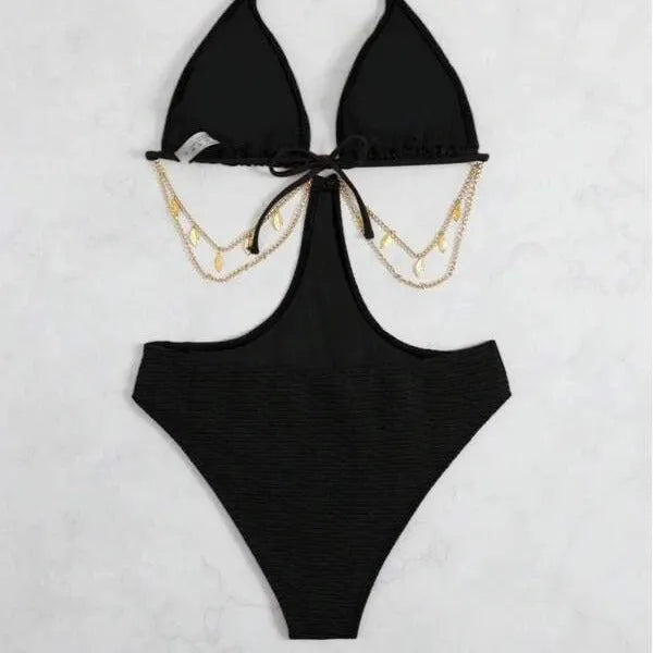 Women's black bikini swimsuit with a silver chain design detail across the front.