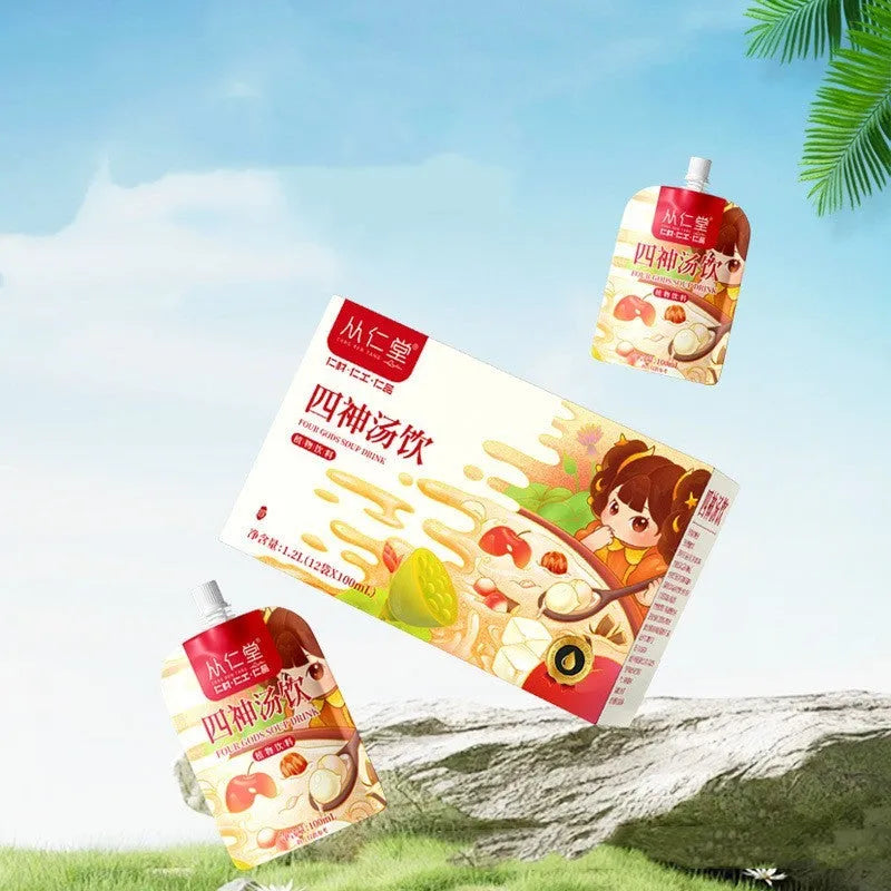 Box of children's spleen and stomach health tea with 12 individual 100ml bags containing lotus seed, poria, and yam