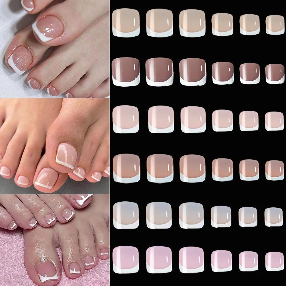 120 piece box of square short French style artificial toe nails with white tips on nude base.