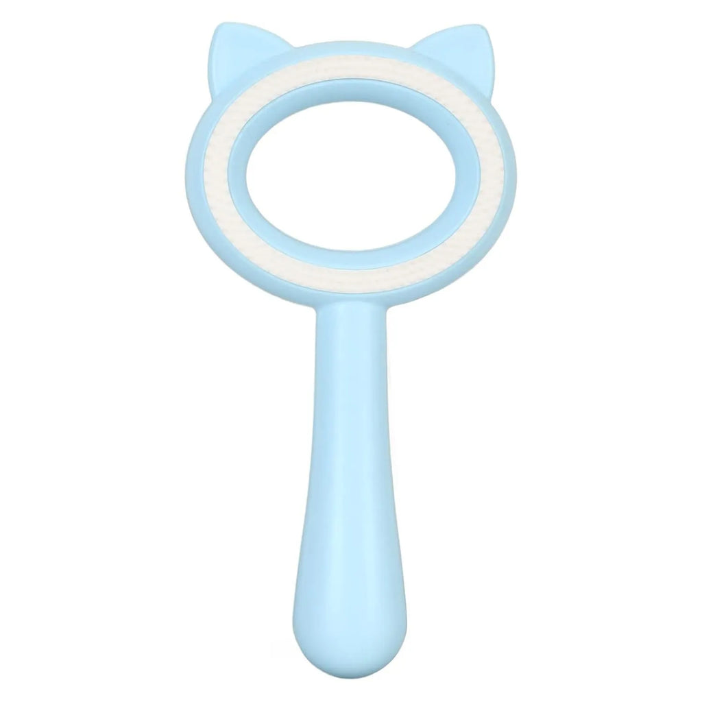 Blue and white double-sided pet grooming brush with ergonomic handle for cats and dogs