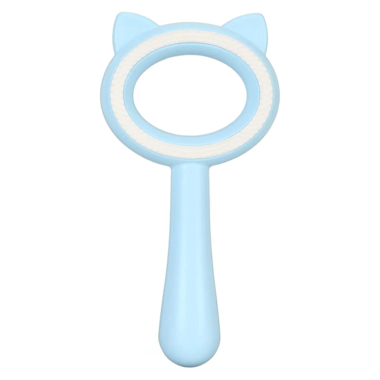Blue and white double-sided pet grooming brush with ergonomic handle for cats and dogs