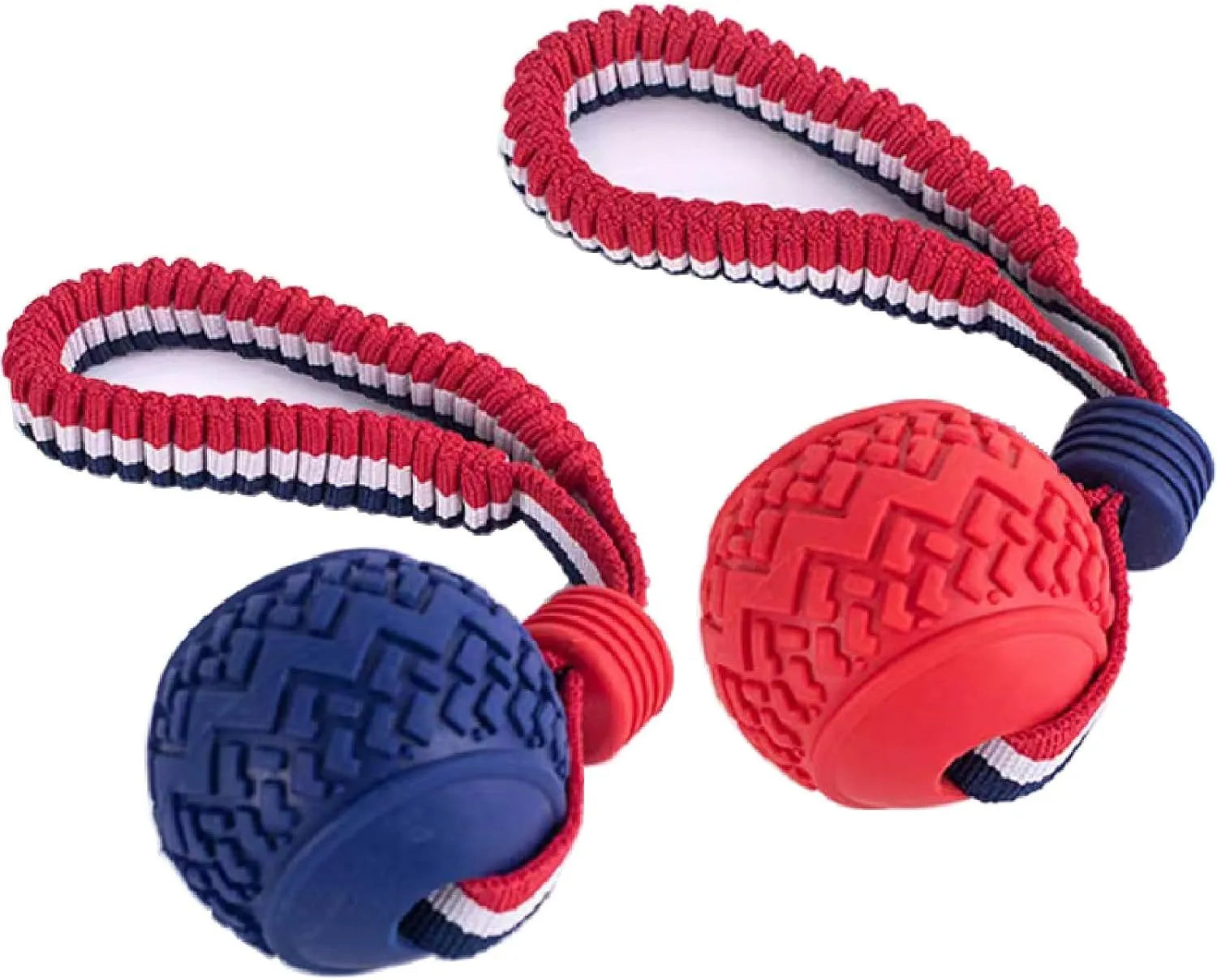 Blue or red natural rubber dog ball with attached rope for tug-of-war and teeth cleaning