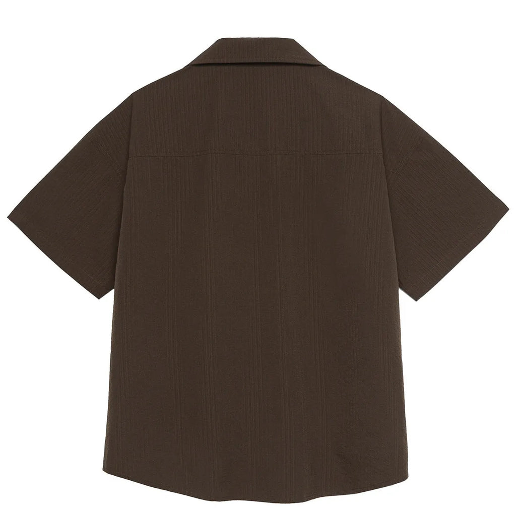 Brown striped Cuban collar short sleeve outdoor shirt for camping