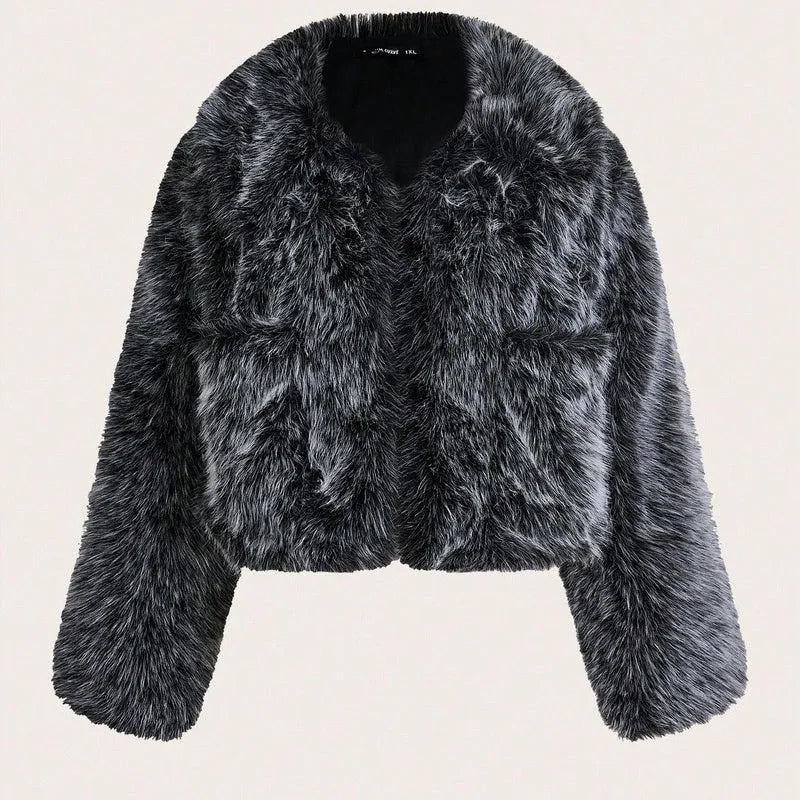 Black artificial fur coat with a large fur collar, shown in a short length style.