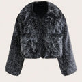 Black artificial fur coat with a large fur collar, shown in a short length style.