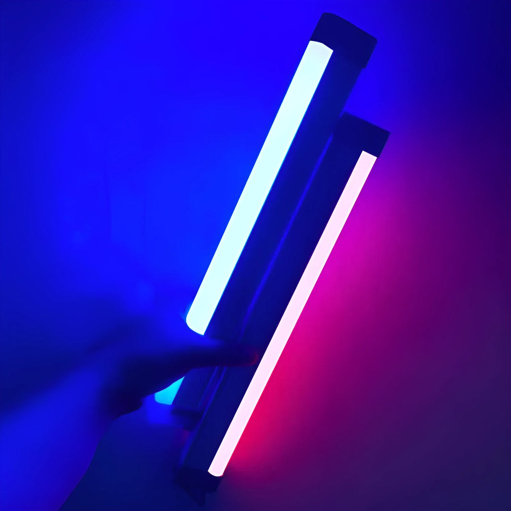 Blue and purple rechargeable LED tube stick lights in 17cm and 32cm lengths with a push-button switch.