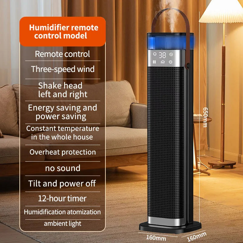 Tall vertical intelligent heater with humidification and voice control remote.