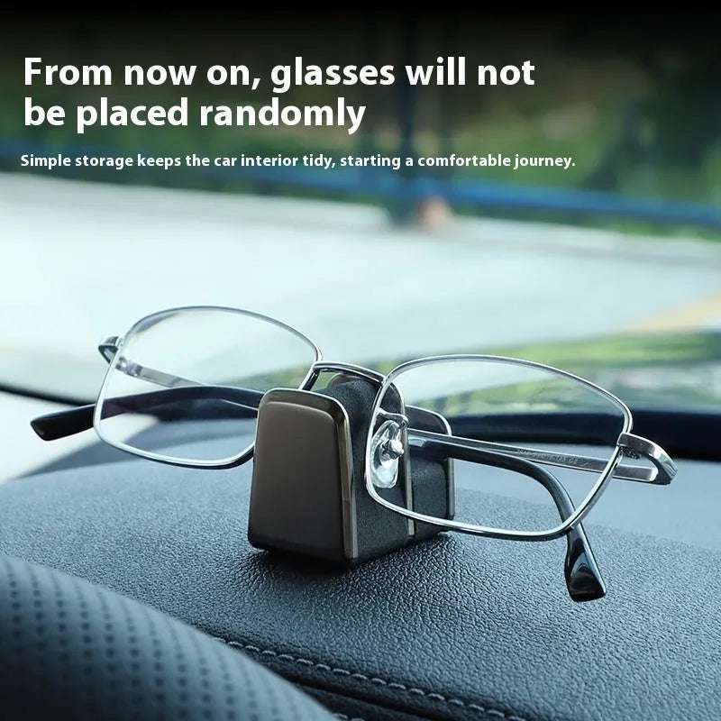 Car dashboard glasses holder in zinc alloy with leather trim, measuring 3.7x3.2x2.5cm