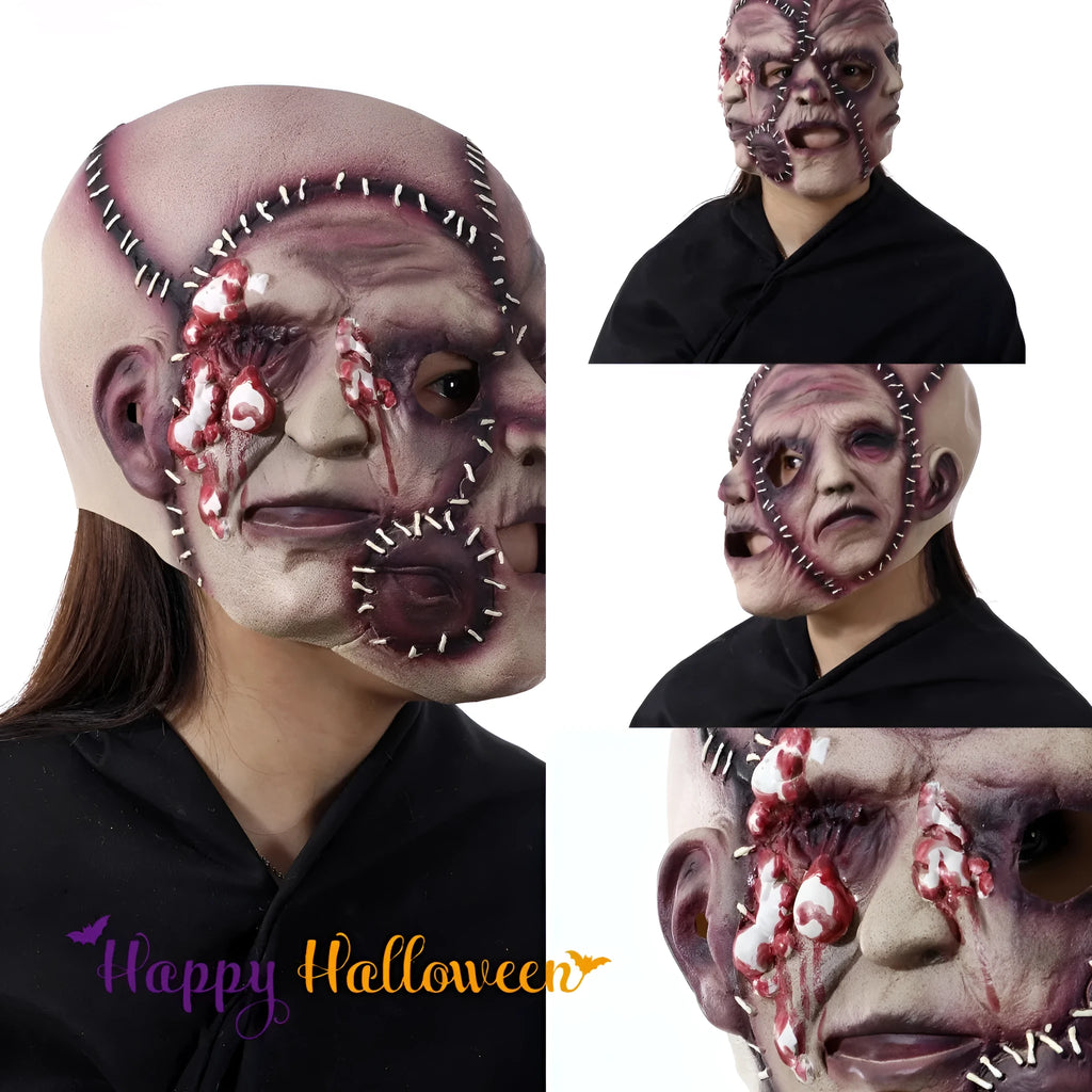 Three-sided grimace horror mask showing latex texture and comprehensive facial coverage for Halloween costumes