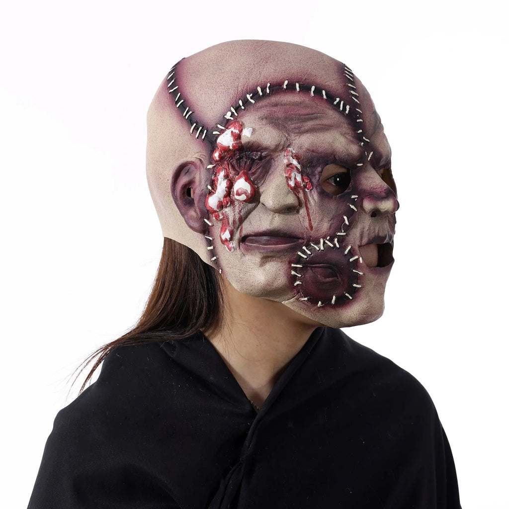 Three-sided grimace horror mask showing latex texture and comprehensive facial coverage for Halloween costumes