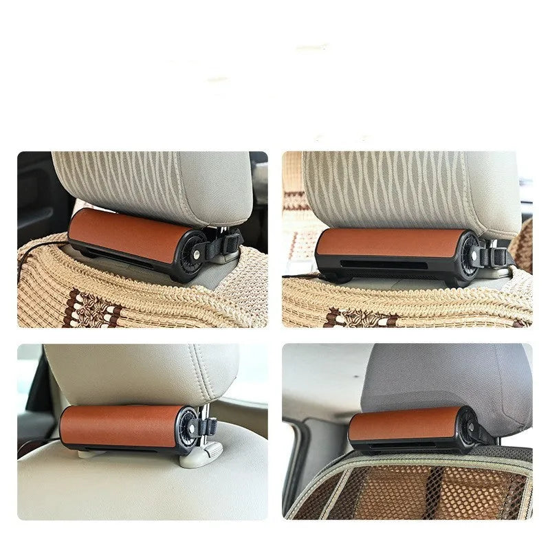 Black bladeless car fan with USB power cord and three speed settings