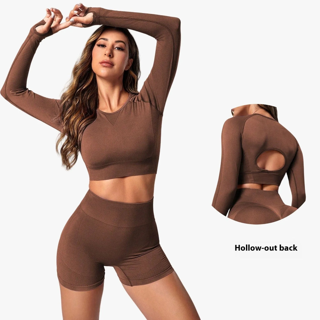 Women's yoga clothes suit in black showing high waist hip lift design with long sleeve top and pants