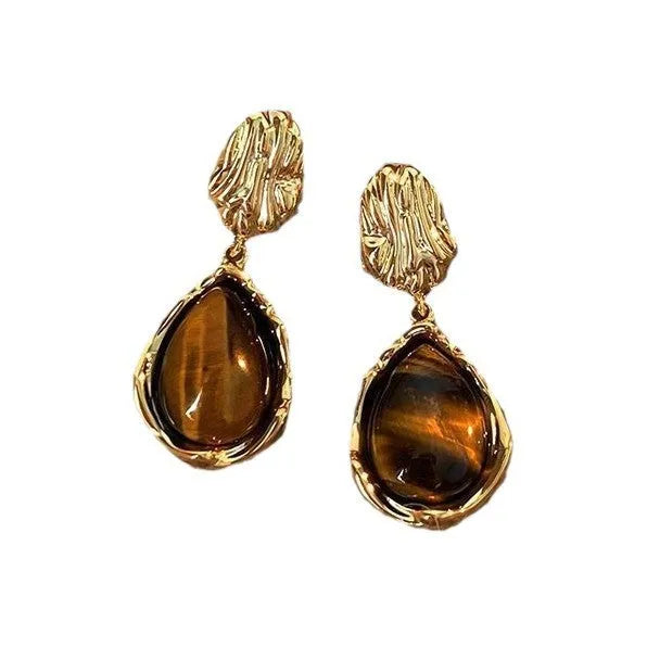 Handmade alloy geometric ear rings with electroplating in Maillard Amber and Tigereye styles featuring tassel details