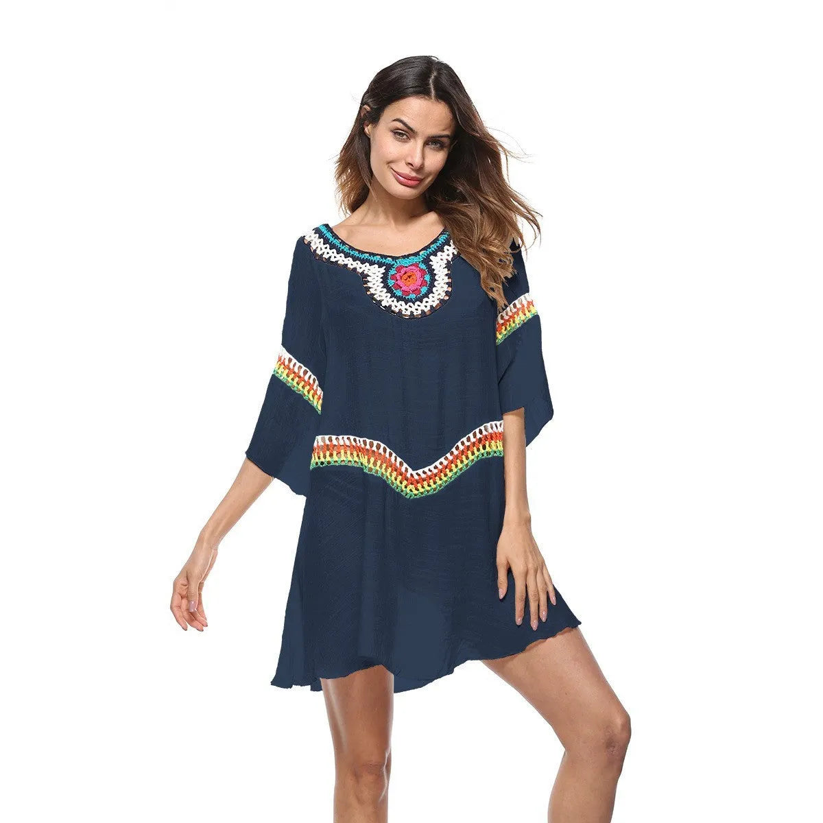 Women's crocheted ethnic style sun protection clothing in apricot, black, sapphire blue, and white for beach swimming
