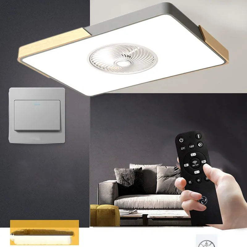 Nordic style ceiling fan with integrated light and solid wood blades in rectangular, round, or square shapes.
