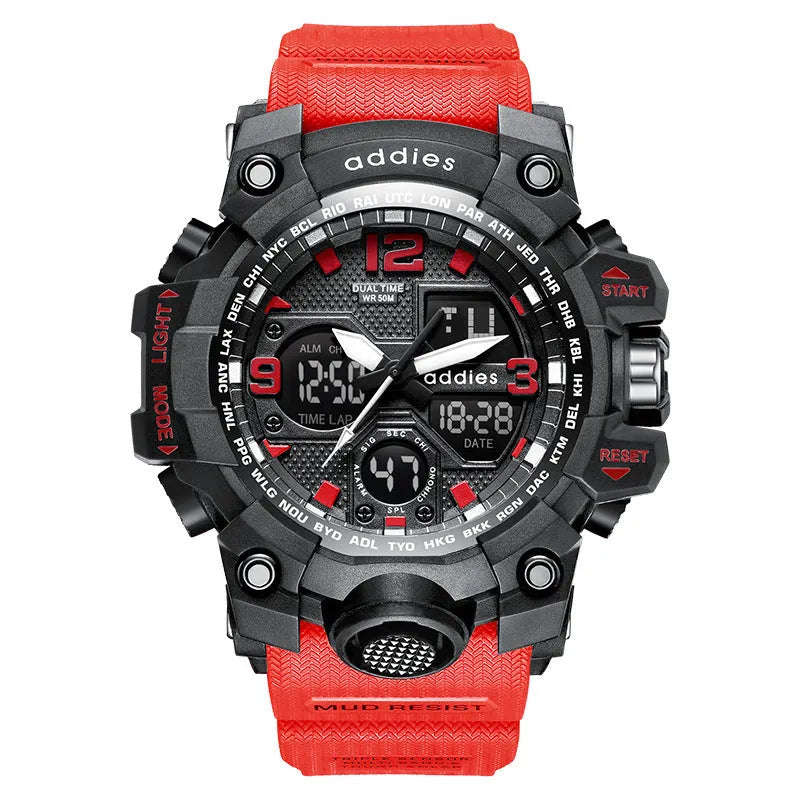 Men's electronic sports watch with dual analogue and digital display, plastic case and strap, water resistant to 50 metres