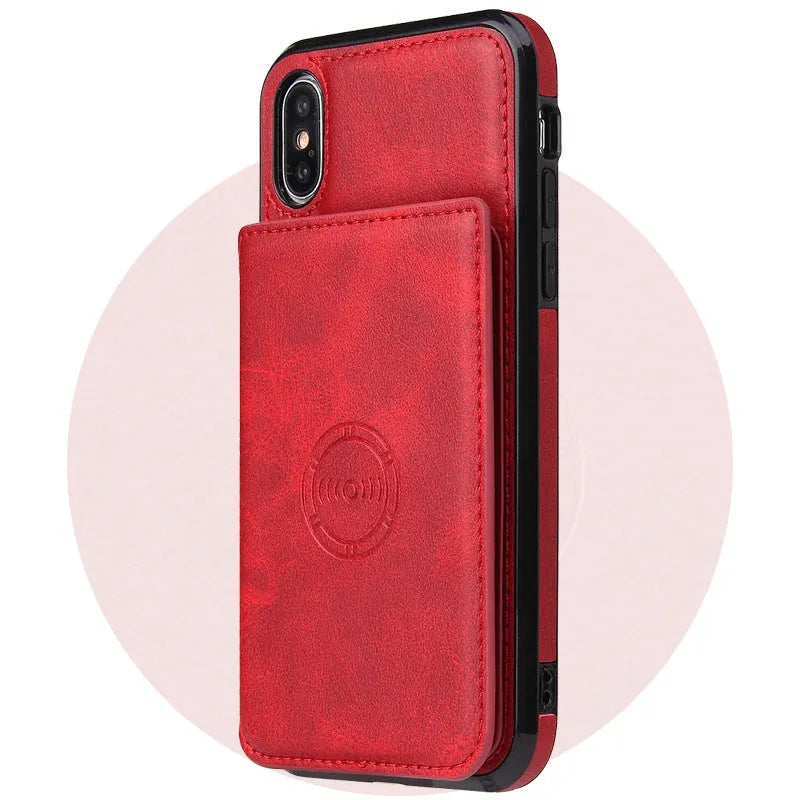 Imitation leather card wallet phone case for iPhone in multiple colour options showing card storage and back cover design